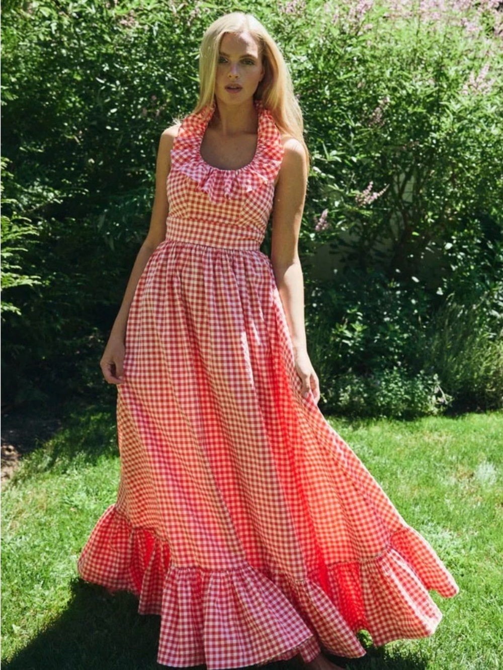 Unbranded Red Gingham Ruffle-Hem Maxi Dress